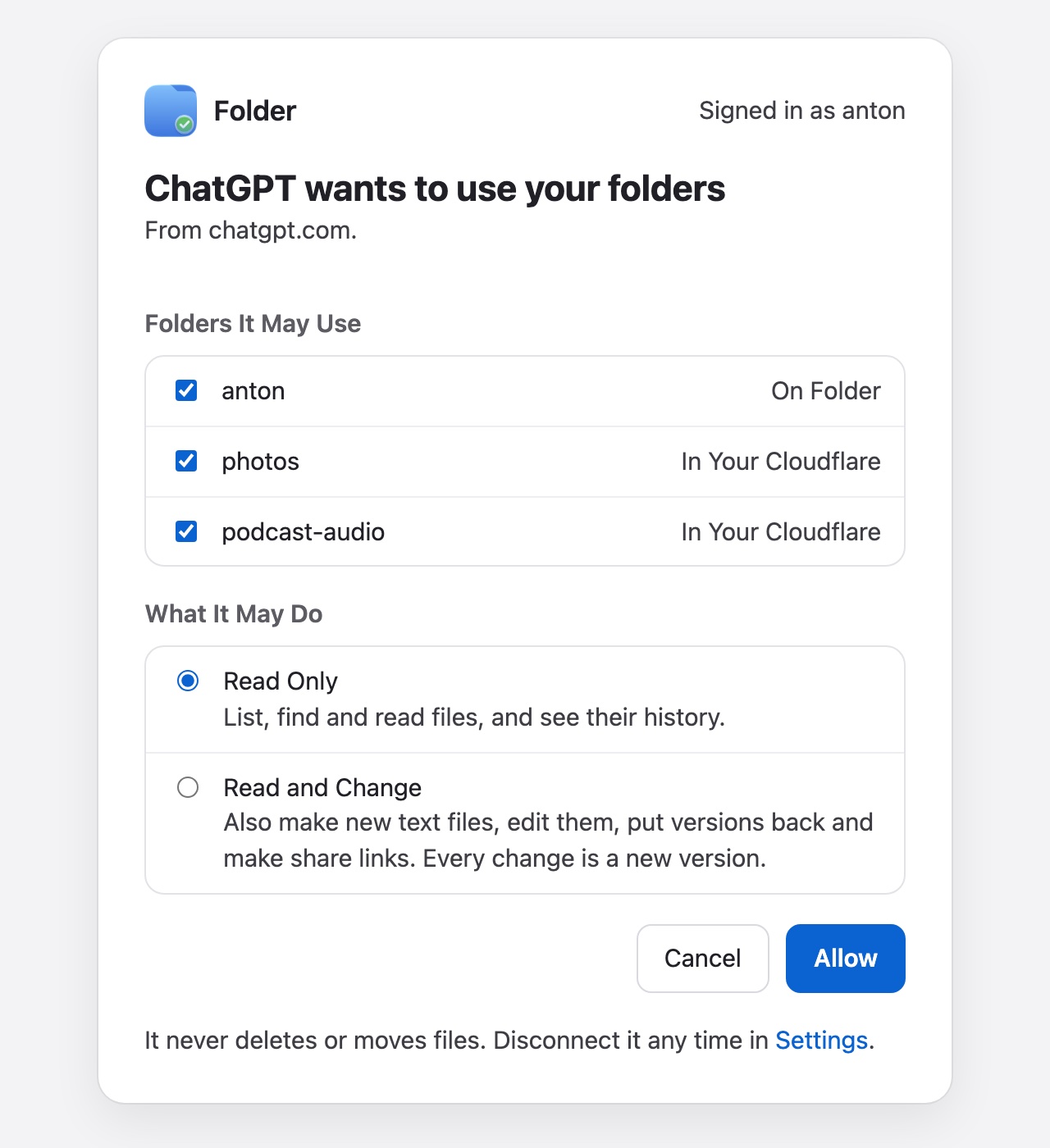 mcp.folder.dev/connect: ChatGPT wants to use your folders, with the folders it may use ticked and Read Only chosen