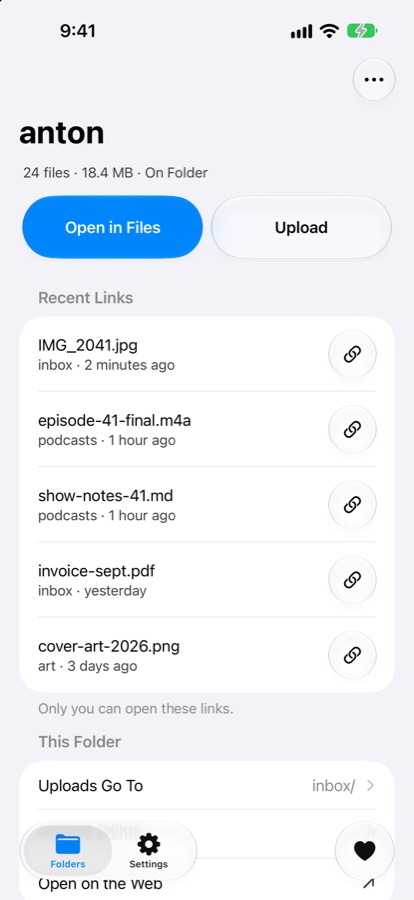Folder for iPhone: the folder anton with Open in Files, Upload and Recent Links
