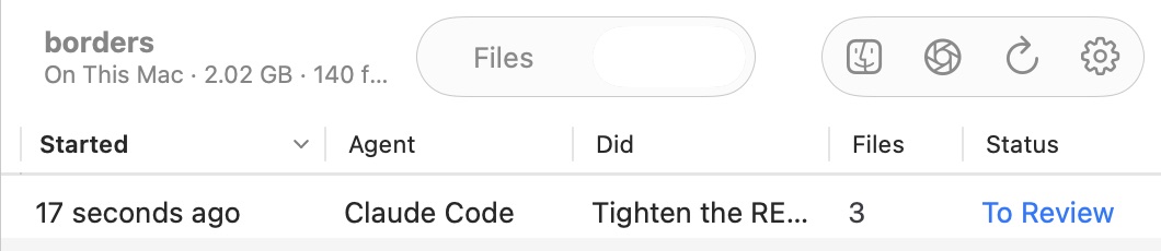 Folder for Mac's Sessions: a Claude Code session 17 seconds ago that changed 3 files, To Review