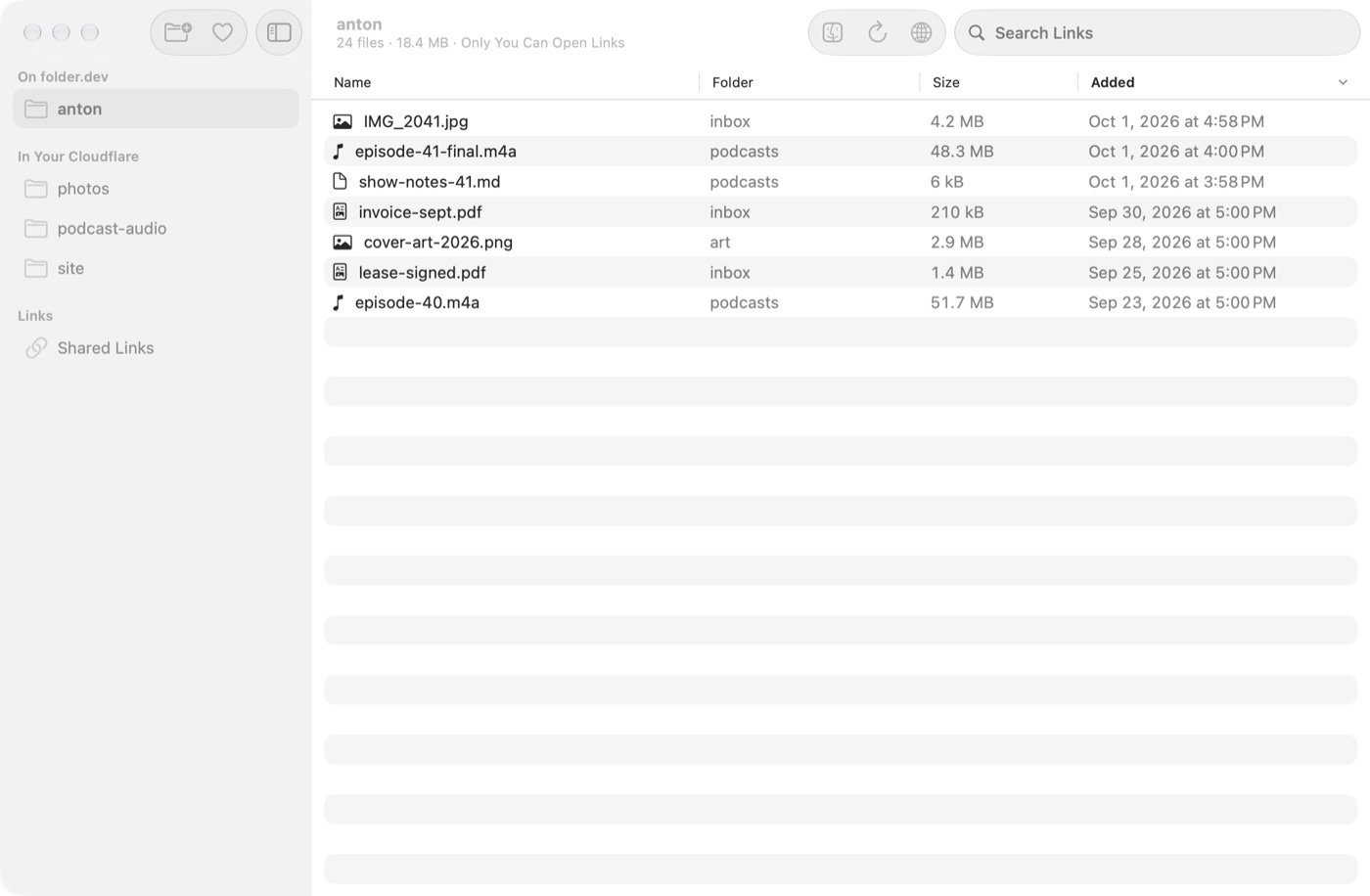 Folder for Mac: the folder anton on Folder, three folders in Cloudflare and Shared Links in the sidebar, the files in a list